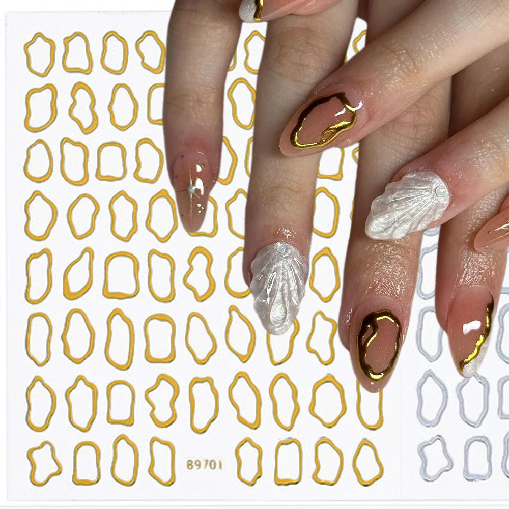 1Pc 3D Gold Hohl Unregelmäßige Geometrische Nagel Aufkleber Holo Metall Rahmen Gold/Silber Aufkleber Platz Selbst Klebe sliders Nagel Deco