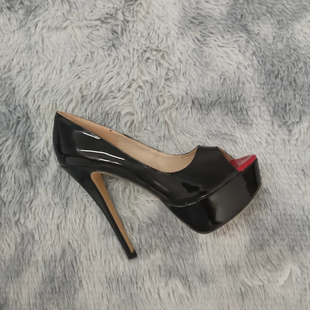 LOSLANDIFEN Frauen Pumpen Sexy Peep Toe Plattform 14 cm Super High Heels Patent Leder Schuhe Rot Hochzeit Stilettos Große Größe 44