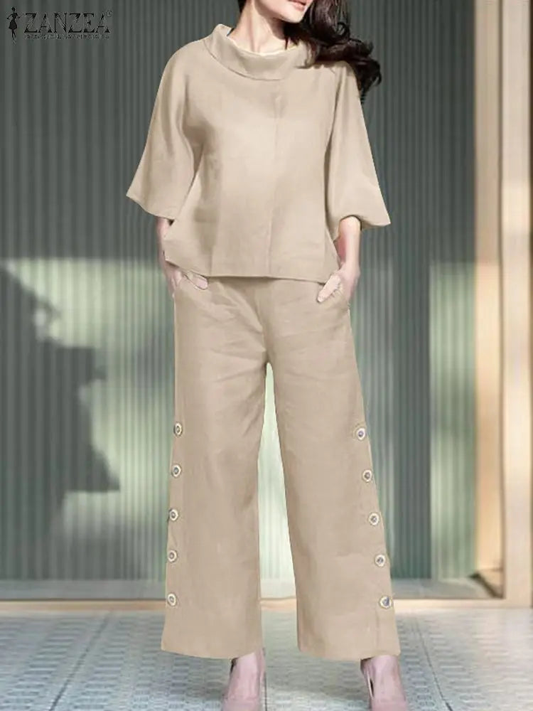 2 Stück Damen Hosen Sets Zanzea Sommer solide ol passende Sets o Hals 3/4 Ärmel Bluse weites Bein Hose lässig locker Arbeits anzug