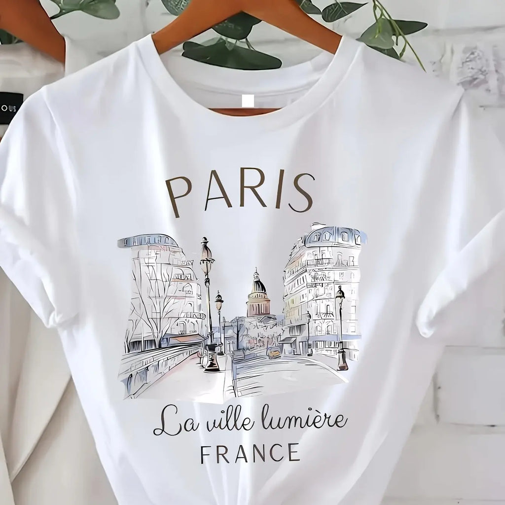 T-Shirt mit Paris-Print, kurzärmliges, lässiges Oberteil mit Rundhalsausschnitt für Sommer und Frühling, Damenbekleidung