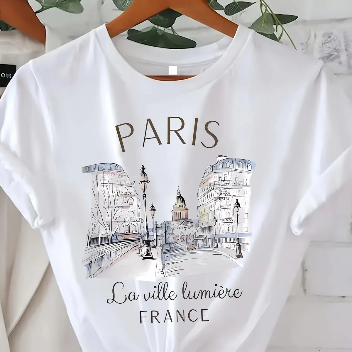 T-Shirt mit Paris-Print, kurzärmliges, lässiges Oberteil mit Rundhalsausschnitt für Sommer und Frühling, Damenbekleidung