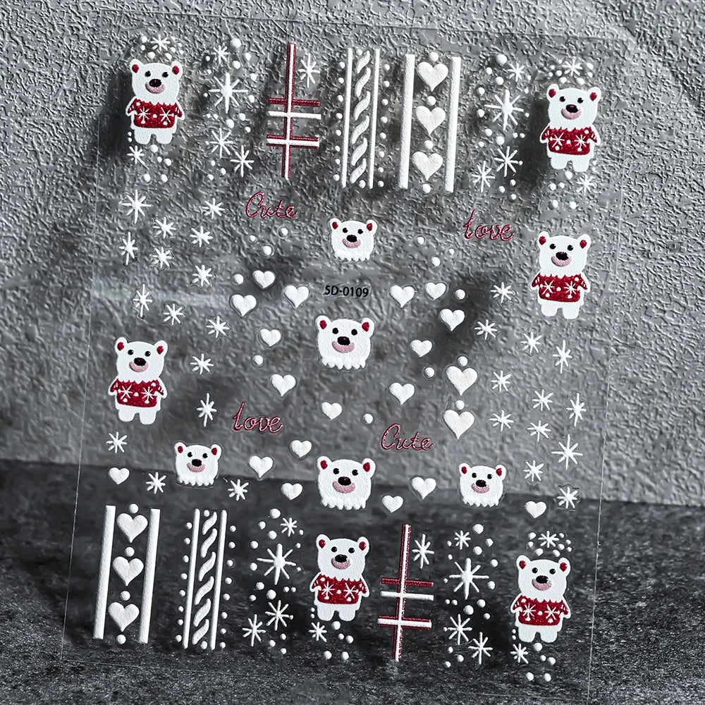 1 stücke 3D Weihnachten Santa Claus Schneeflocke Nagel Aufkleber Winter Weihnachten Nette Cartoon Schneemann Bär Elch Nagel Aufkleber Weihnachten Nagel decora