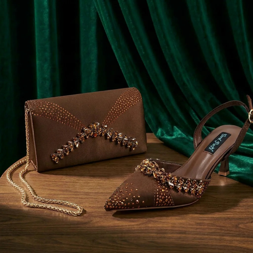 2026 Italienisch Inspirierte Kaffeefarbene Spitze High Heels mit Passender Handtasche SET KOMFORT INKLUSIVE Elegante Hochzeits- und Partyschuhe für Damen