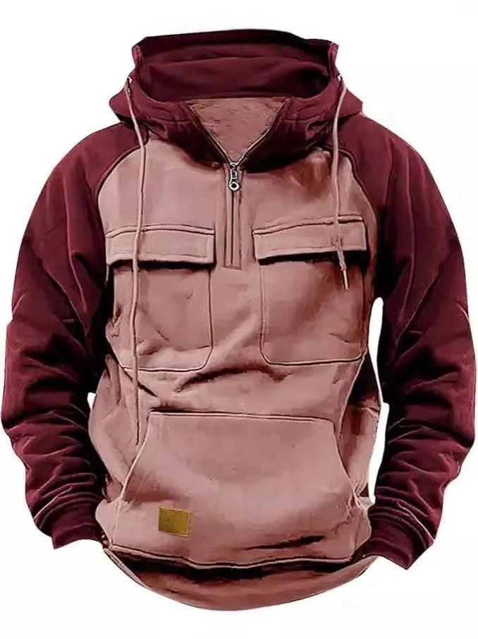 Herren Hoodie Sweatshirt Reißverschlusstaschen Arbeitskleidung Retro Farbblock Wintersport Flügelärmel Lose Passform Lässige Streetwear
