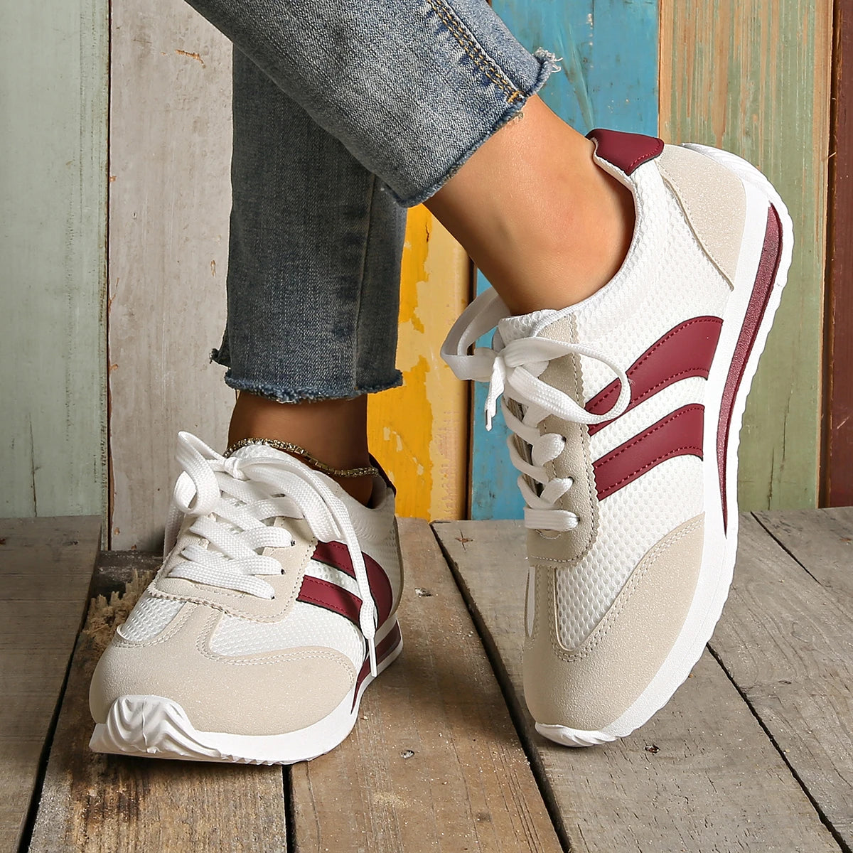 Leichte Mode-Turnschuhe für Damen, bequem, rutschfest, lässig, Sportschuhe, Damen, gestreift, Mesh, atmungsaktiv, Plateau-Turnschuhe