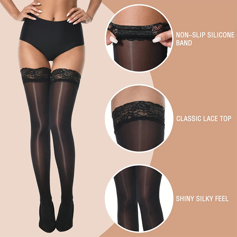 1 Paar glänzende seidige Strümpfe für Damen, Pferdeöl, hohe Strumpfhosen mit Silikon-Spitzenoberteil, Sommer, sexy elastische hohe Socken