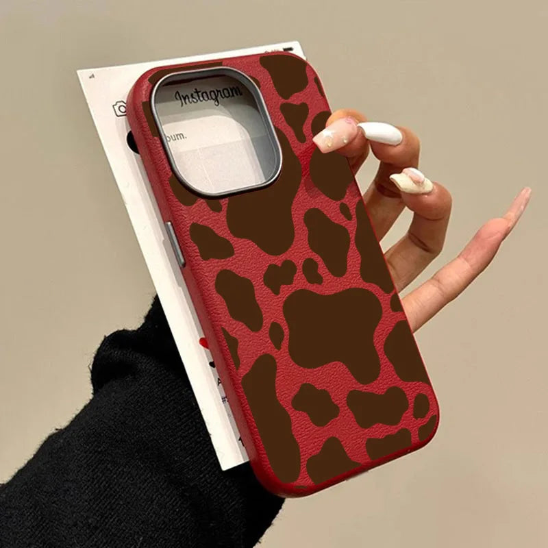 Für iPhone 17 Hülle, brauner Kuh-Druck, Litschi-Muster, Handyhülle für iPhone 16 Pro Max 15 14 13 12 11 XS X XR 7 8 Plus 16E Air Cover