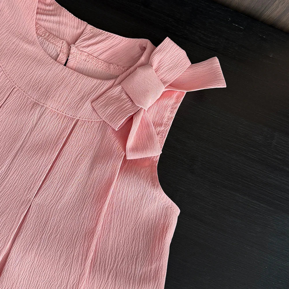 Bär Führer Süße Rosa Mädchen Kleidung Sommer Ärmellose Bogen Dekoration Plissee Weste + Shorts 2 Stück Olid Farbe Casual kinder Set
