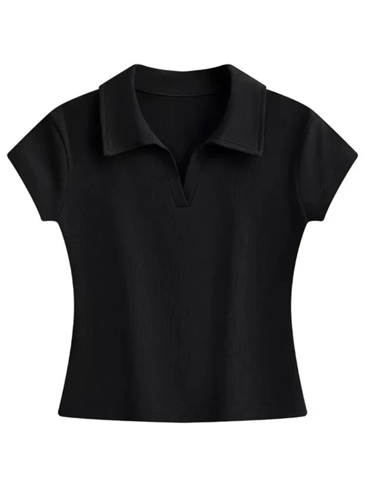 Minimalistisches Vielseitiges Casual-Oberteil 2026 Sommer Neu Einfarbig Gerippter Polokragen Damen T-Shirt Koreanischer Stil Schlankes Kurzarm-Shirt