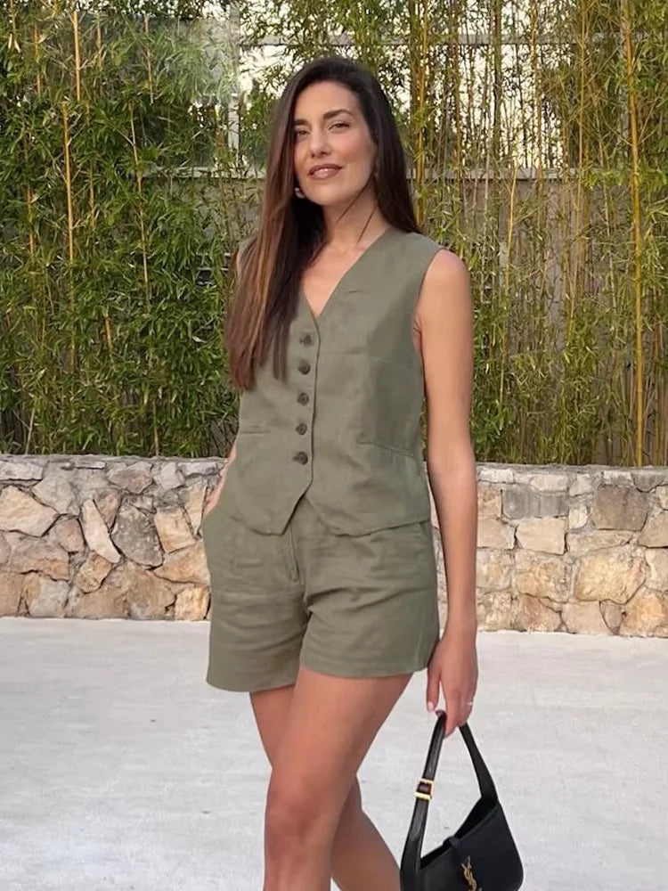 Frauen Vintage-Mode Shorts Set Casual Solide Weiß Ärmellose Weste + Taschen Hosen Weibliche Zwei Stücke Set Straße Roupa De mujer