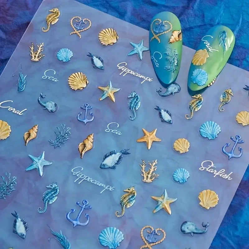 5D Sommer Muschel Nagel Aufkleber Glänzende Geprägte Seestern Nägel Aufkleber Sommer Strand Weinglas Quallen Nagel Aufkleber Dekoration