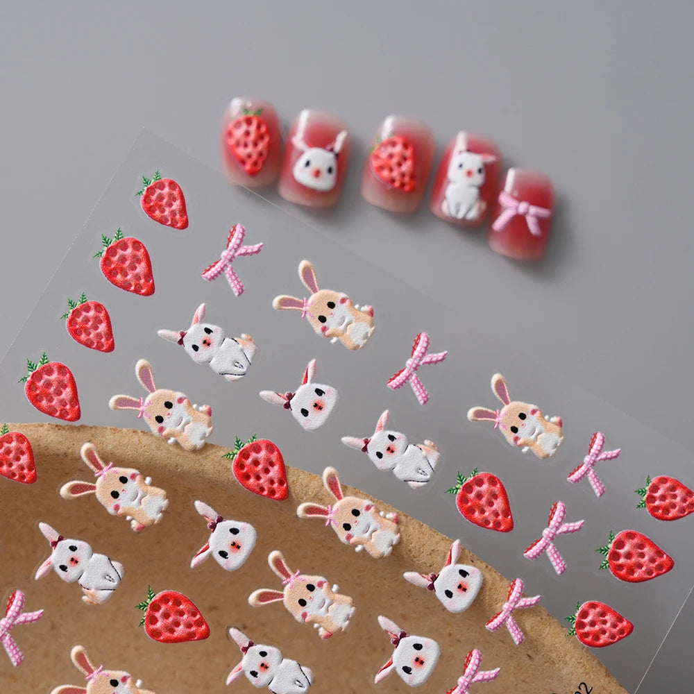 1Pc 5D Geprägte Kawaii Floral Schmetterling Nagel Aufkleber 3D Cartoon Bogen Kaninchen Erdbeere Klebe Aufkleber Urlaub Nagel Sliders