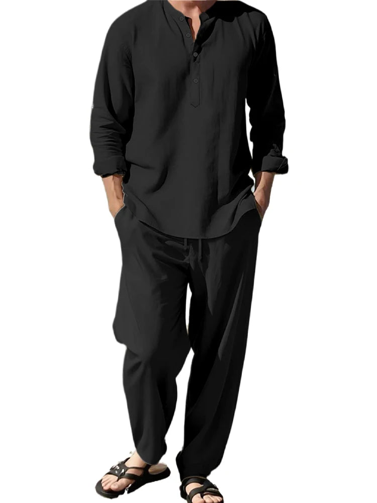 2-teiliges Hemd-Hosen-Set, langärmeliges Henry-Hemd, Hosenanzug, Sinn für Textur, Urlaub, leicht, atmungsaktiv, drapiert, Herrenbekleidung