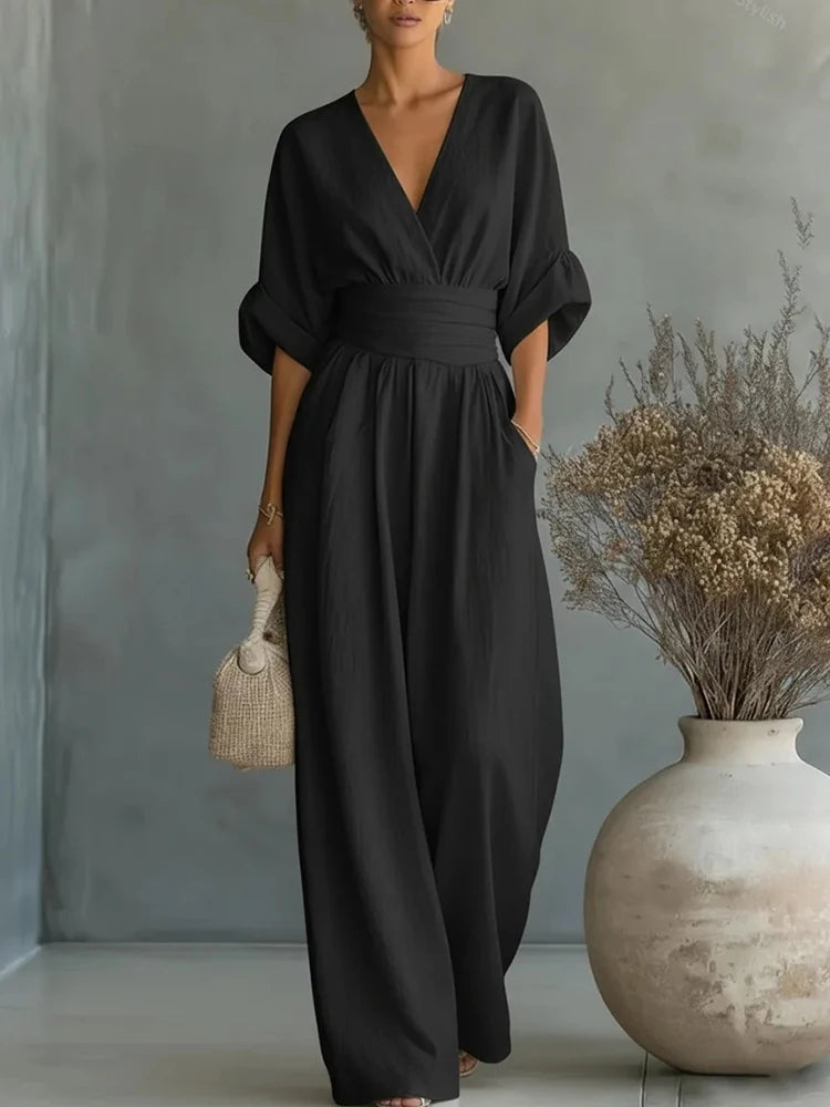 Elegante Damen-Jumpsuits mit hoher Taille, Sommer-Kurzarm-Overalls mit weitem Bein, lässige V-Ausschnitt-Jumpsuits in Unifarben, lockere Streetwear