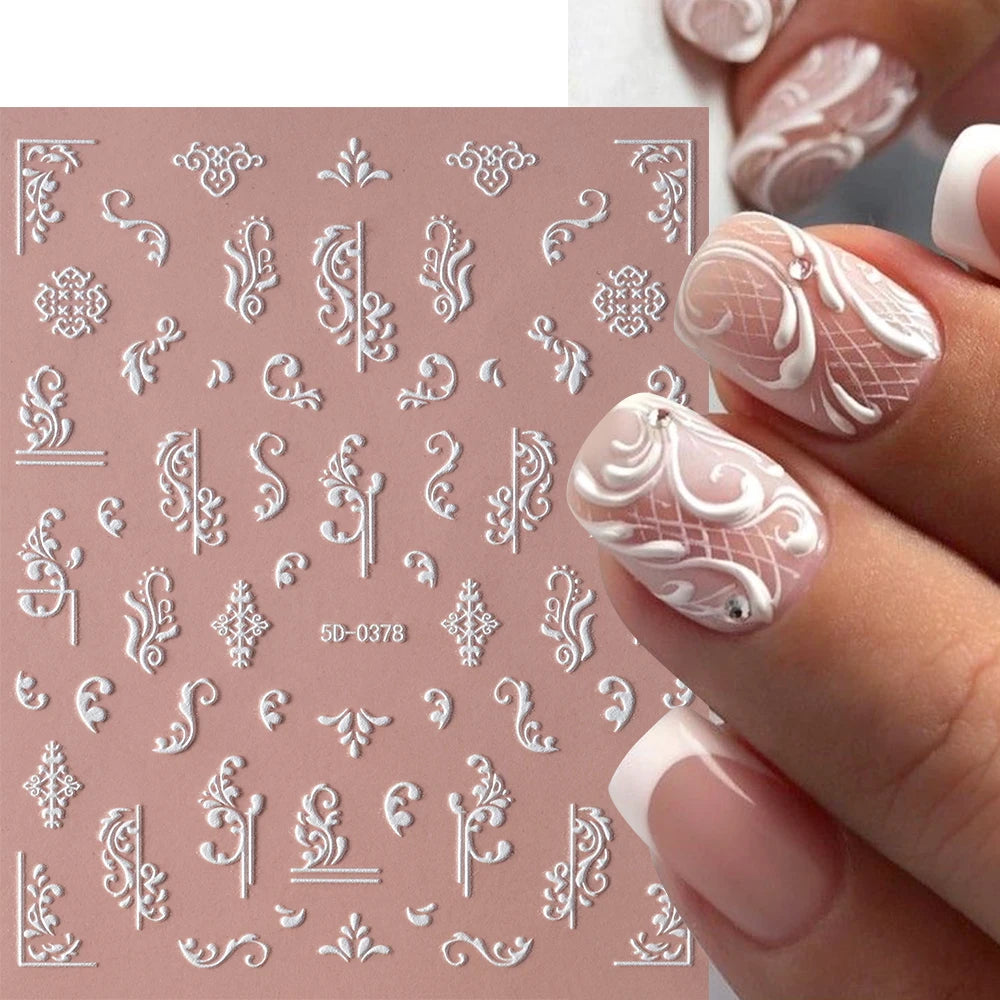 1 Stück 5D geprägte weiße Spitze Blume Nail Art Aufkleber Acryl Blumen Blatt Schmetterling Charme selbstklebende Schieber 10 * 8 cm Maniküre Aufkleber