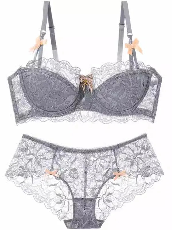 Sexy Push-up-BH-Set aus französischer Spitze für kleine Brüste, Anti-Durchhänger-Dessous-Set mit halben Körbchen und Höschen, durchsichtige verstellbare Träger