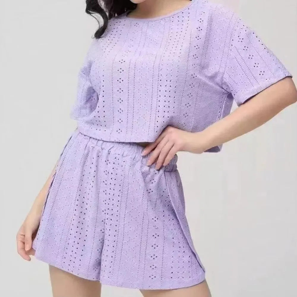 Neues Polyester-Pyjama-Set für Damen, atmungsaktives Loungewear-Set mit Lochmuster, bequemes Kurzarm-Oberteil und Shorts, lässig für den Freizeitgebrauch