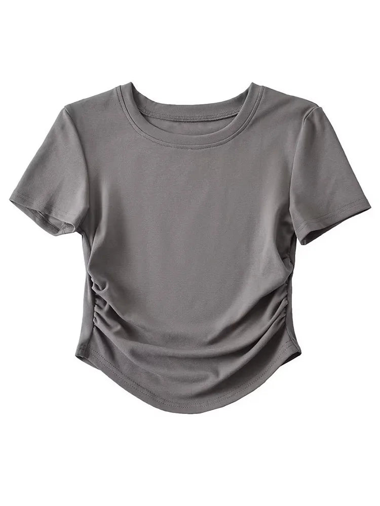 Harajuku Damen-T-Shirt aus Baumwolle mit Rundhalsausschnitt und gerüschten Seitendetails