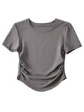 Harajuku Damen-T-Shirt aus Baumwolle mit Rundhalsausschnitt und gerüschten Seitendetails