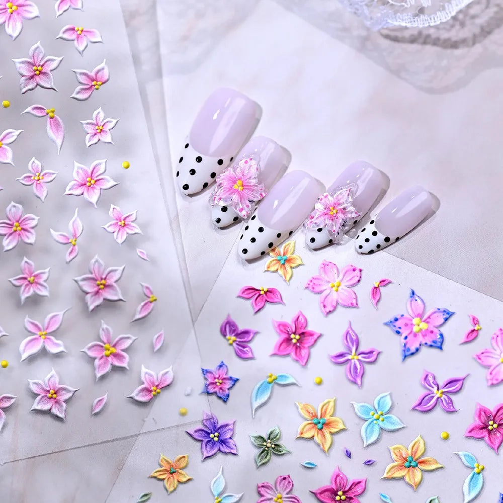 5D Relief Ombre Rosa Fünfblättrige Nagelkunst-Aufkleber Niedliche Weiche Lilien-Blumen Nagelsticker 8*10cm Selbstklebende Rosa Blumen-Nagelsliders