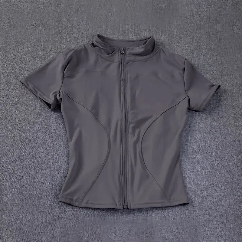 Sommer Hohe Qualität Taille Abnehmen Training Tops frauen Schnell trocknend Engen Stehkragen Voll Zipper Kurzen Ärmeln Yoga shirts