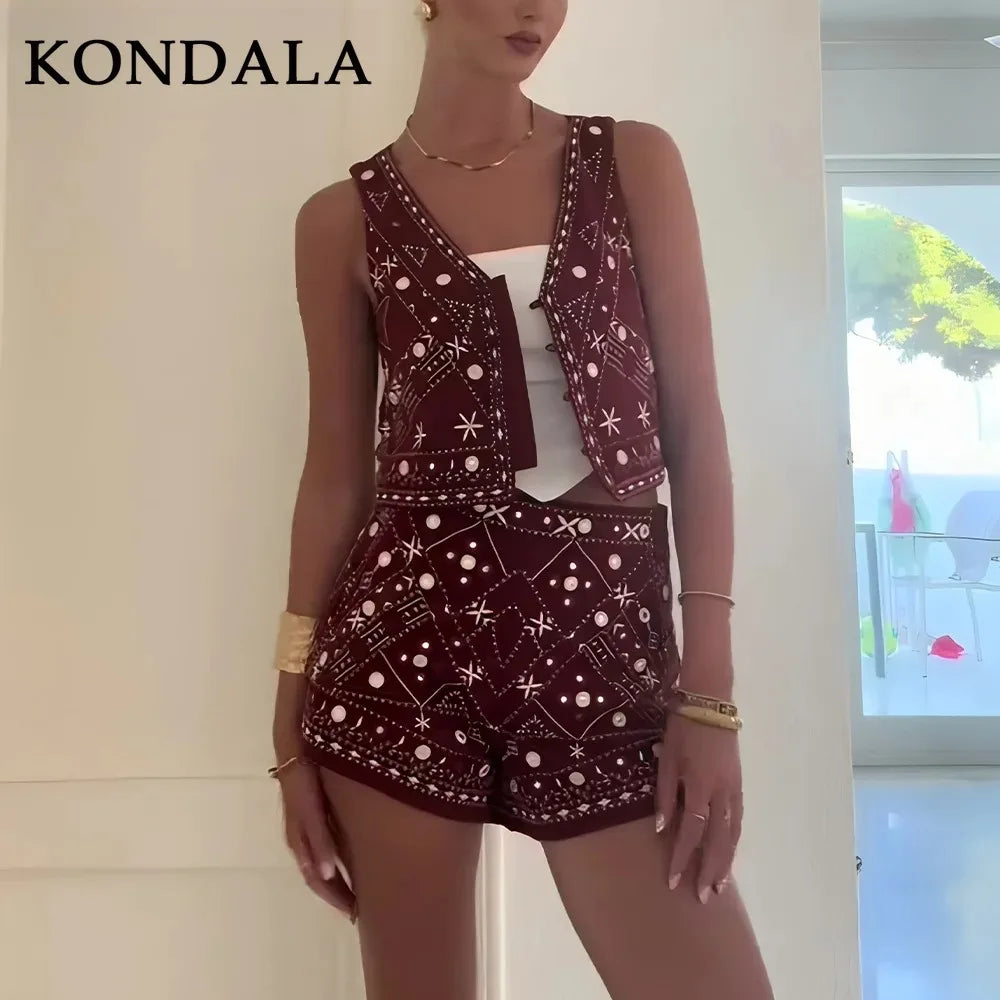 KONDALA 2026 Frühling Sommer Streetwear Stickerei Damenanzüge Mode V-Ausschnitt Einreihige Ärmellose Westen Schicke Mini-Shorts