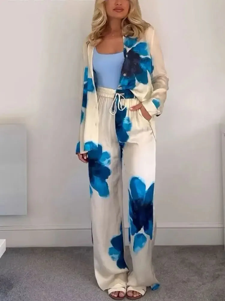 HH 2024 Sommer Weibliche Elegante Blumen Druck 2 Stück Anzug Lange Ärmel Revers Bluse + Kordelzug Breite Bein Hosen kausalen Outfit