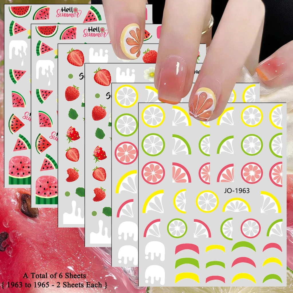 3 bis 12 Blatt 3D-Frucht-Nagelaufkleber Zitrusfrüchte Erdbeere Wassermelone Kirsche Avocado Abziehbilder Selbstklebende Sommer-French-Nagelkunst