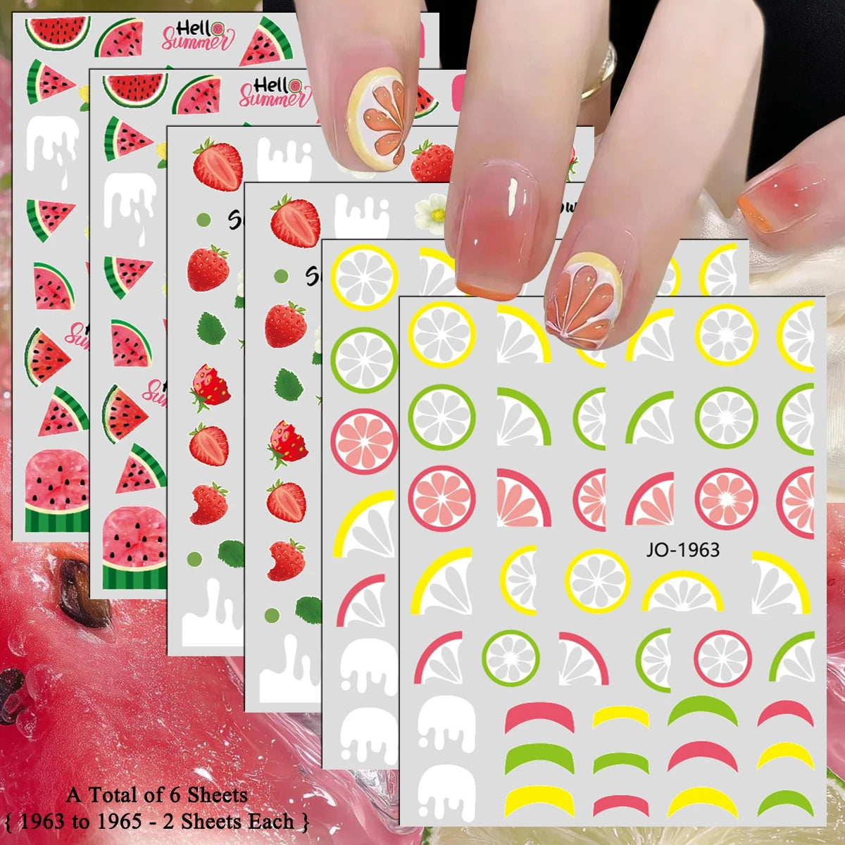 3 bis 12 Blatt 3D-Frucht-Nagelaufkleber Zitrusfrüchte Erdbeere Wassermelone Kirsche Avocado Abziehbilder Selbstklebende Sommer-French-Nagelkunst