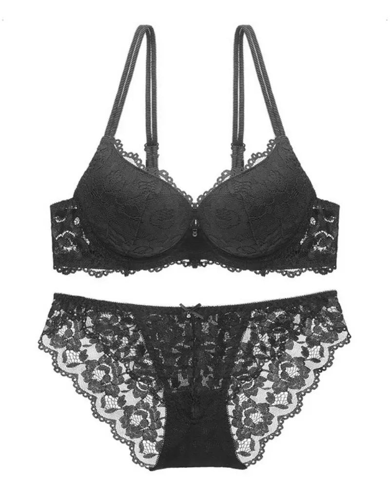 Sexy Spitzen-Blumen-Damenunterwäsche-Set mit Doppelträgern, Push-Up BH und Transparenten Sexy Slips