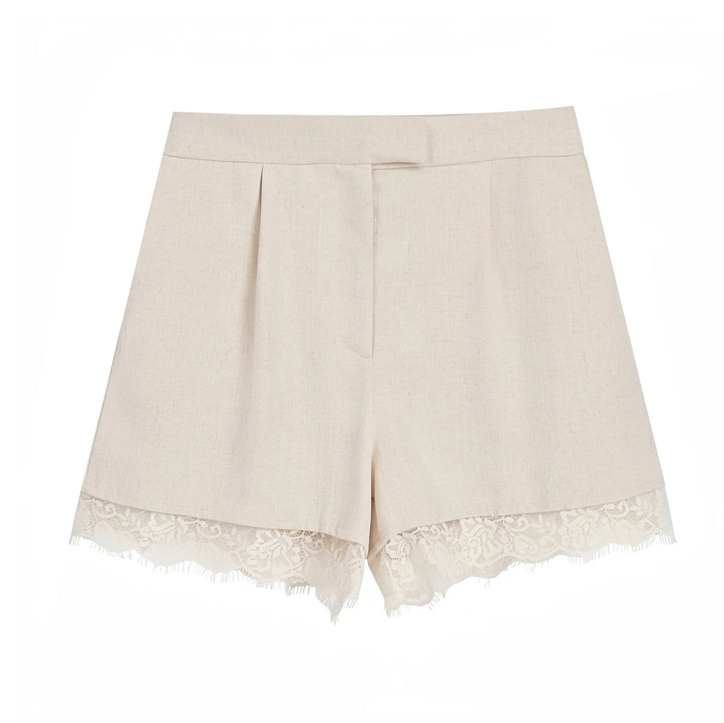 KONDALA Elegantes Damen-Frühlingsoutfit 2026: Spitzenanzug mit Einknopf-Blazer und Plissee-Mini-Shorts – Modisches Büro-Set für Damen