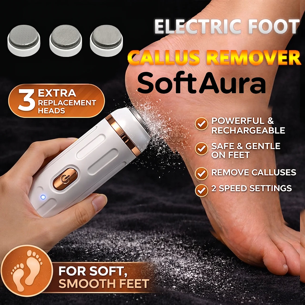SoftAura Elektrischer Hornhautentferner Kabellos Wiederaufladbar 2 Stufen Trockene Haut Exfoliation Fußfeile für Heim-Pediküre-Pflege