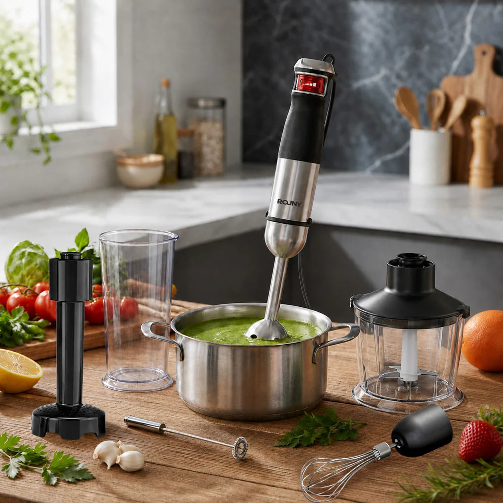 ROUNY 6-in-1 Stabmixer-Set, Max. 1500W Eintauch-Stabmixer mit Edelstahlklingen für die Heimküche