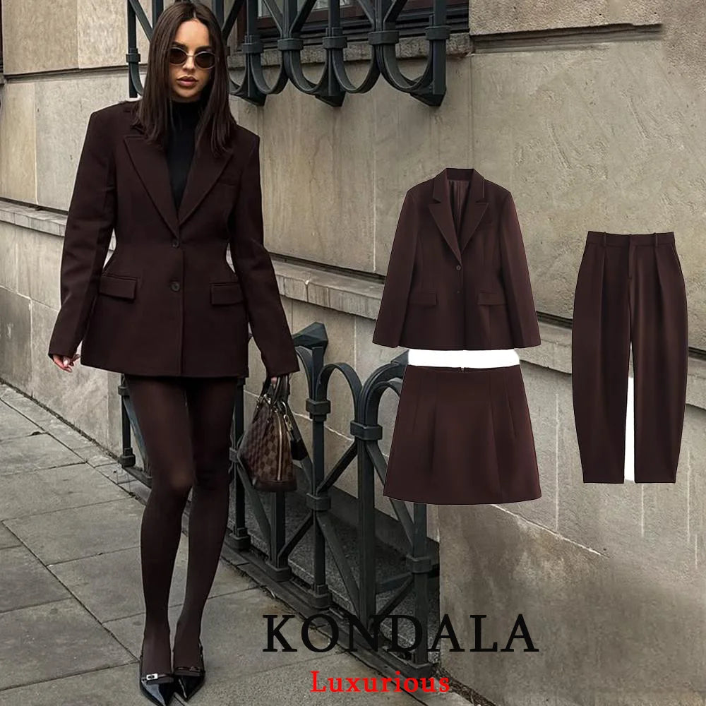 KONDALA Chic Casual Solide Frauen Anzug Taschen Taste Blazer Gerade Lose Hosen Zipper Rock Neue Mode 2025, Herbst Winter Sets
