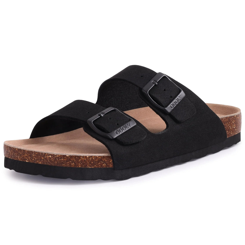 Crestar Damen-Hausschuhe mit Korkfußbett, Sommer-Paar, verstellbare Doppelschnallen, flache Sandalen, Outdoor-Kork-Strandrutschen mit offener Spitze