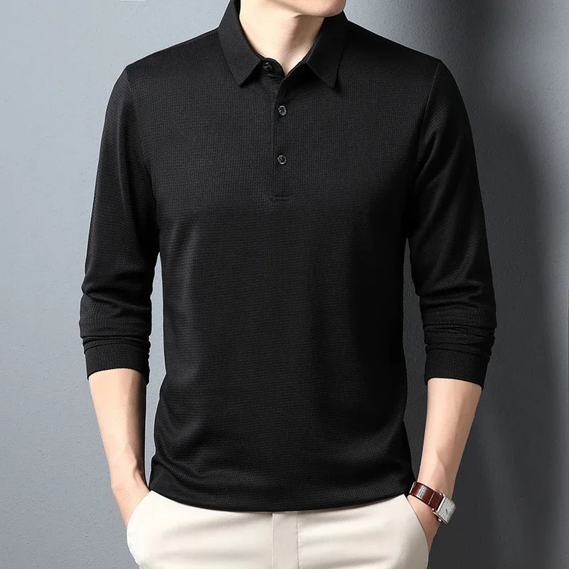 Neues Herren-Business-Mode-Casual-Langarmshirt, einfarbiges Poloshirt, modisches, atmungsaktives, bequemes, vielseitiges Oberteil