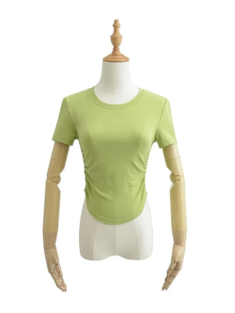 Harajuku Damen-T-Shirt aus Baumwolle mit Rundhalsausschnitt und gerüschten Seitendetails