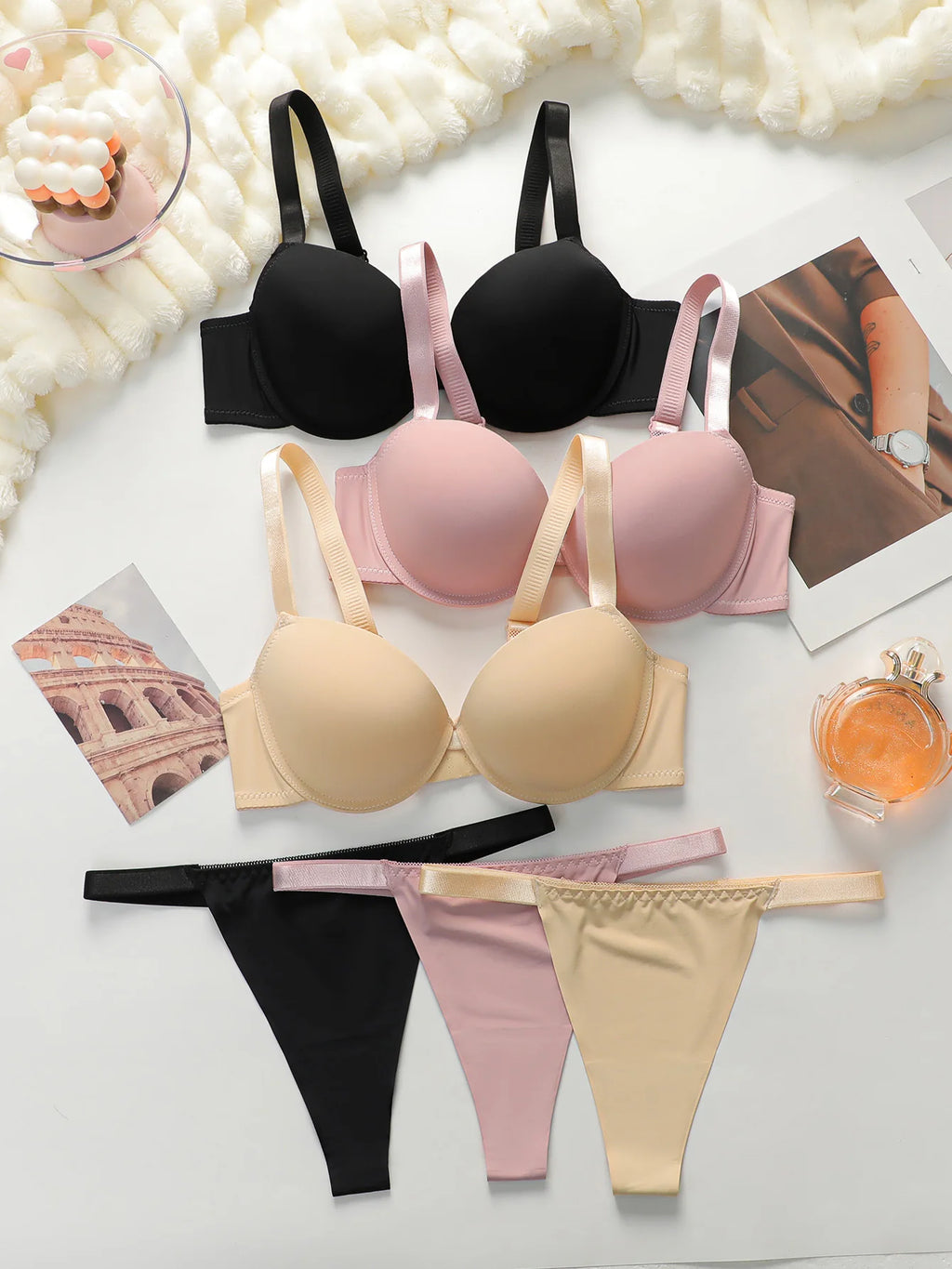 Verdicktes BH-Set mit Raffung und Platzen, einfarbiges Set, geeignet zum Tragen von sexy Damenunterwäsche mit kleinen Brüsten B2051