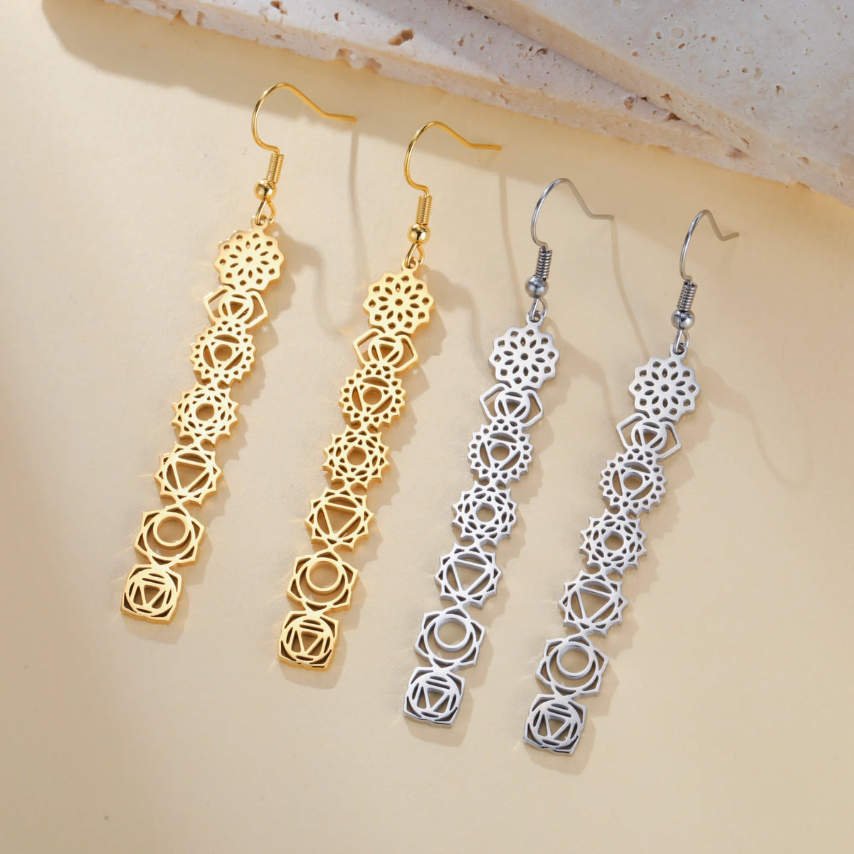 7 Chakra Blumen Lange Hängeohrringe für Frauen Edelstahl Yoga Meditation Schmuck Tropfenohrringe Amulett Schutz Geschenk