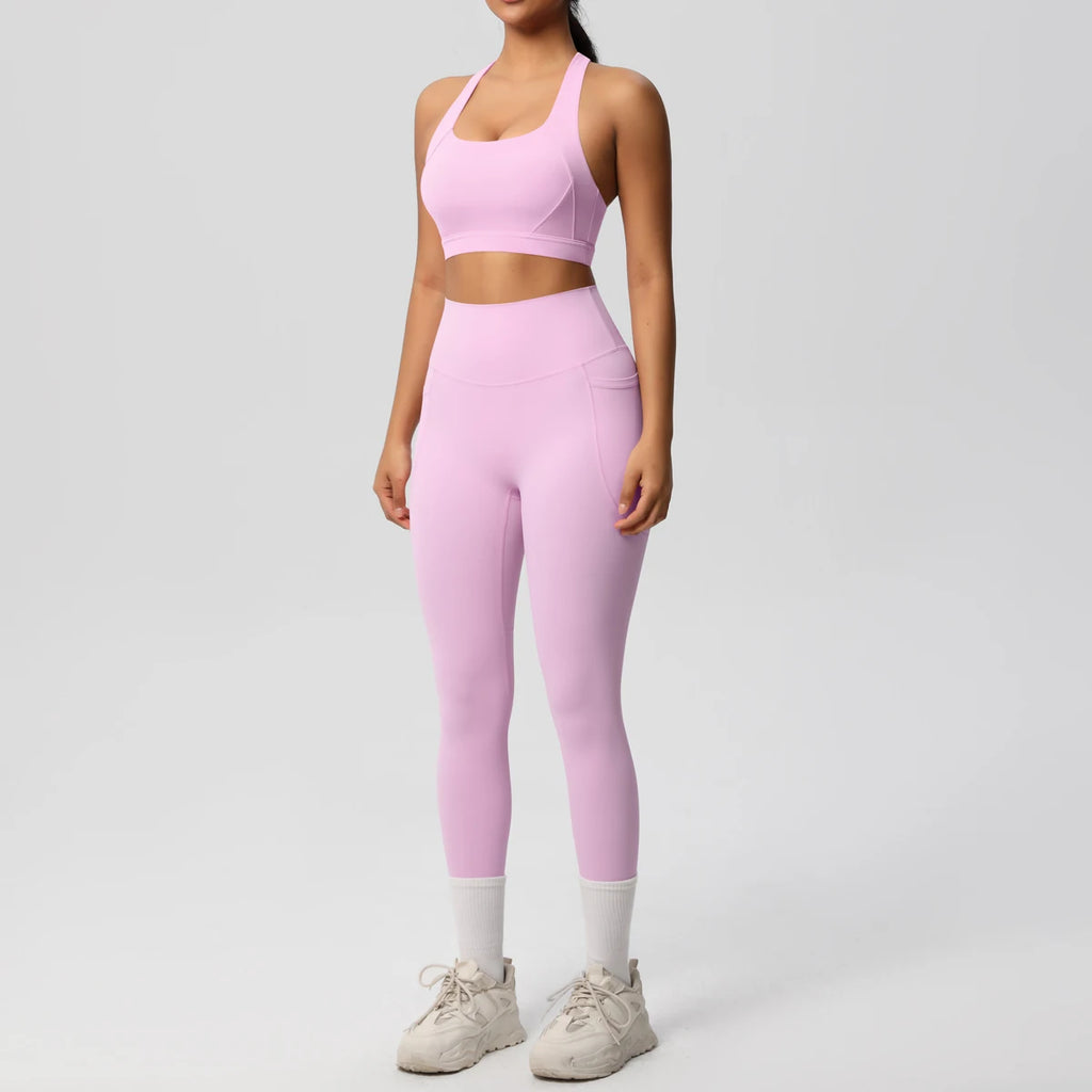 2-teiliges Sportbekleidungs-Yoga-Set, Fitnessstudio, Sport-BH, Leggings mit Taschenkleidung, Sportbekleidung, Yoga-Anzüge für Damen, Fitness-Set, Trainingsanzug