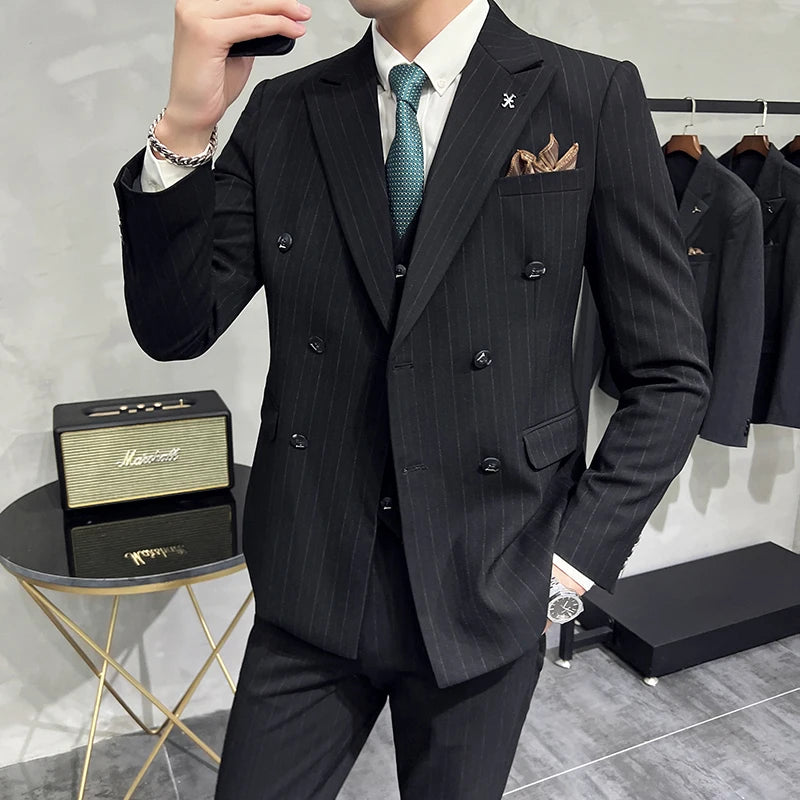 Slim Fit Zweireiher Gestreifter Anzug Weste Hose 3-teiliges Set Koreanische Mode M-7XL Herren Modischer gestreifter dreiteiliger Anzug