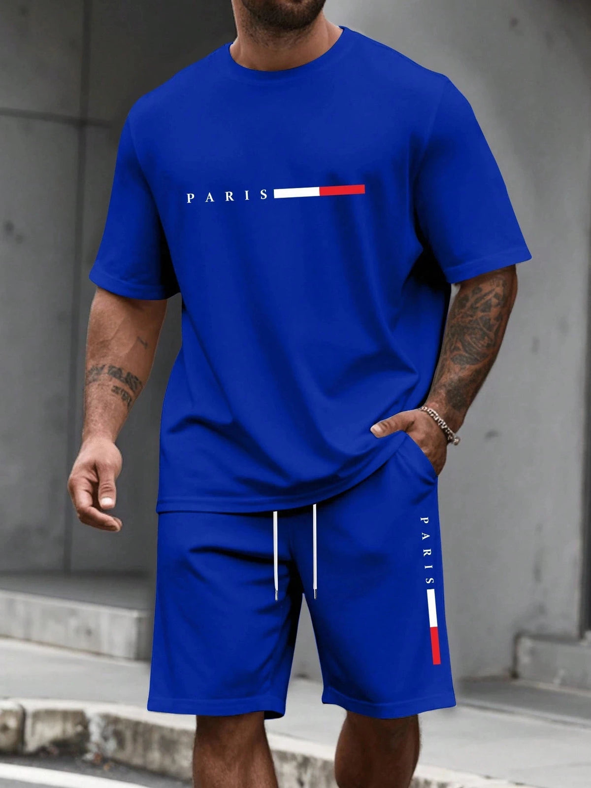 Paris-Buchstaben-Print Herren Frühling und Sommer Zweiteiler Set Lässiger Rundhals Kurzarm T-Shirt Shorts Sportanzug Bedruckte Kleidung