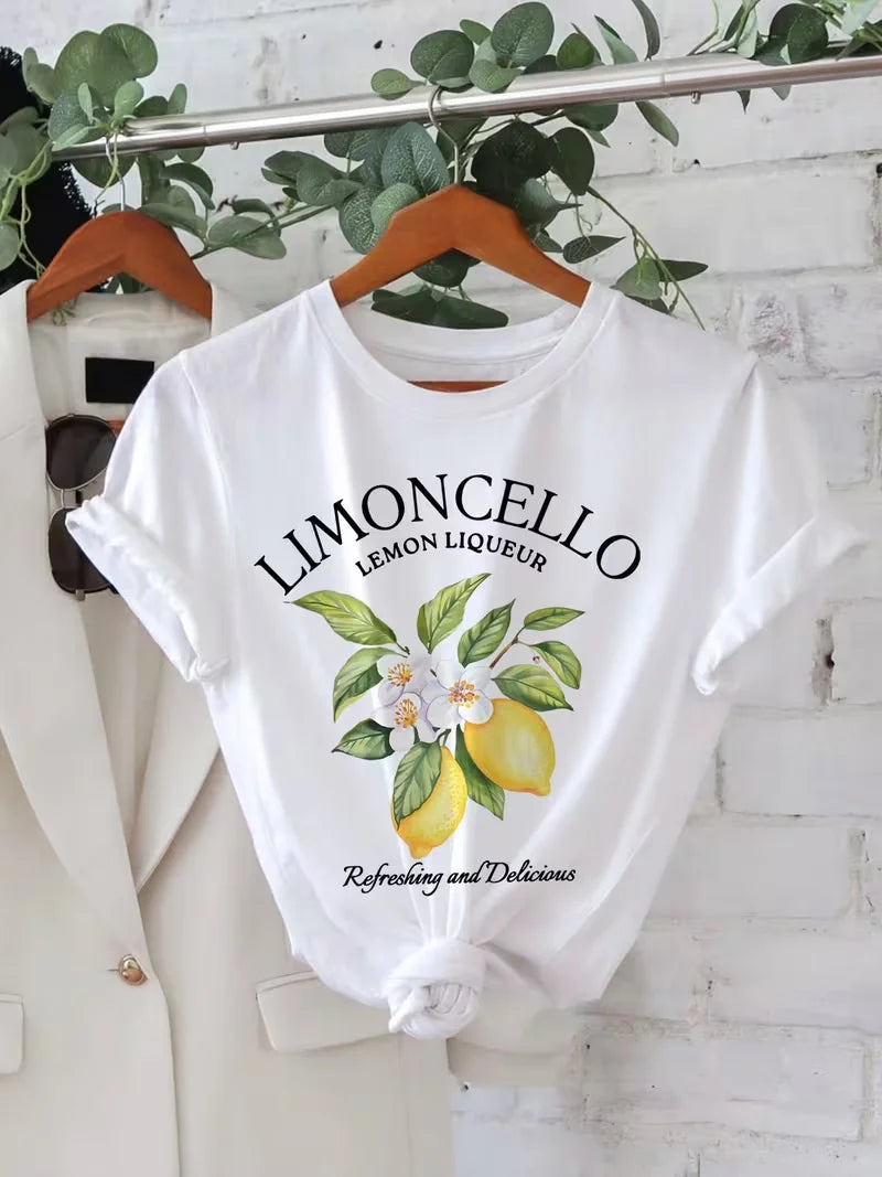Damen-T-Shirt mit Zitronenmuster – leicht und atmungsaktiv, kurzärmelig, weiß mit gelbem Zitronen-Design, perfekt für Freizeitkleidung