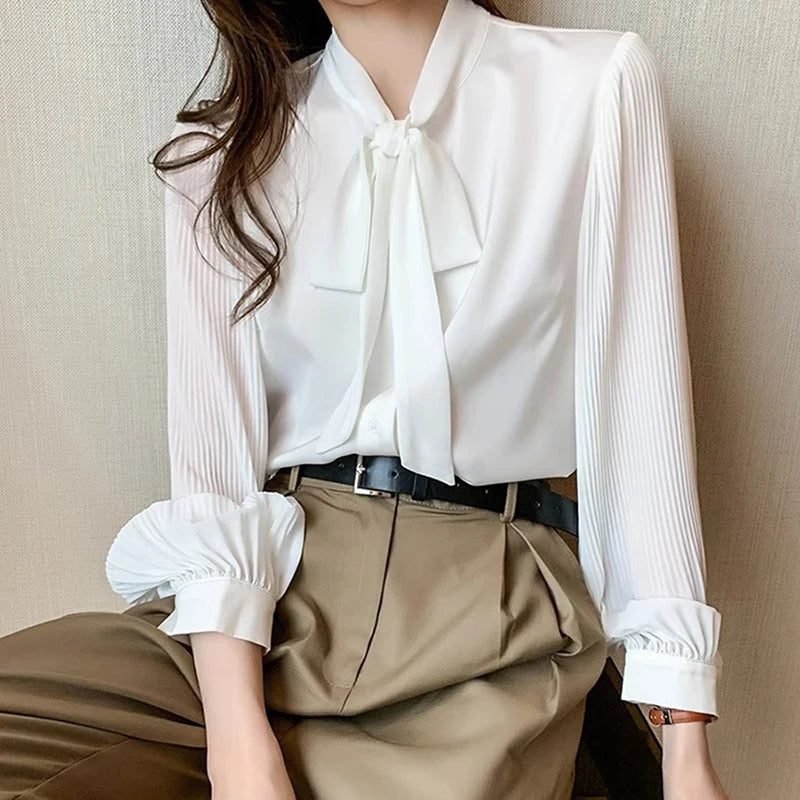 Neue Plissee Ärmel Chiffon Bluse Frauen Frühling Sommer Chic Design Bowknot Spitze-Up Langarm-shirt Einfache Professionelle Kleidung