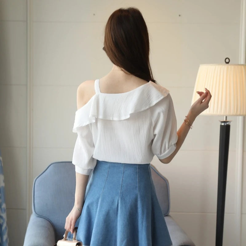 Damen-Oberteil, One-Shoulder-Bluse mit Rüschen, Kurzarm-Chiffonbluse