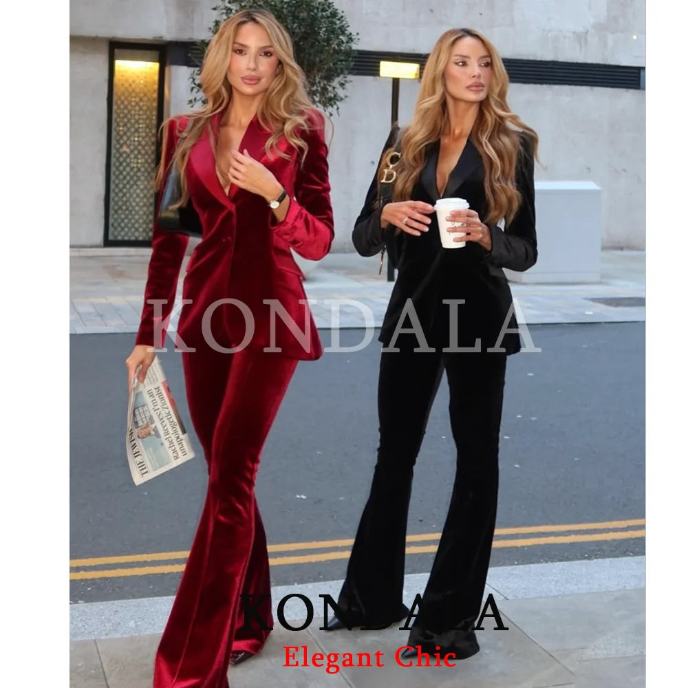 KONDALA Damen Büro-Samt-Slim-Blazer-Set Revers V-Ausschnitt Slim-Blazer mit Taschen Hose Neue Mode 2026 Frühling Herbst Elegantes Set