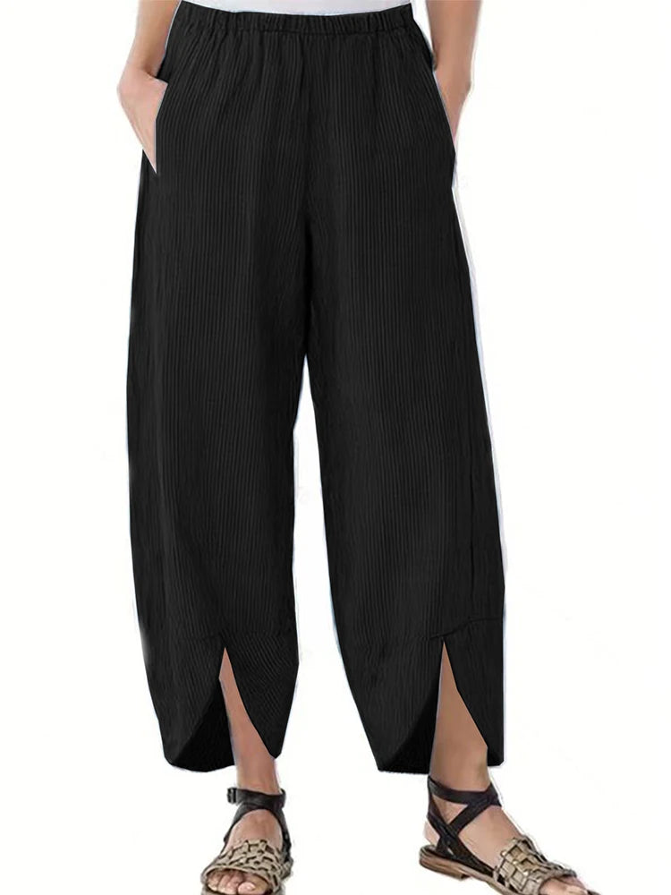 Damen-Hose in Übergröße, elastische Taille, weites Bein, lockere, lässige, einfarbige Herbst-2024, Neun-Minuten-Hose