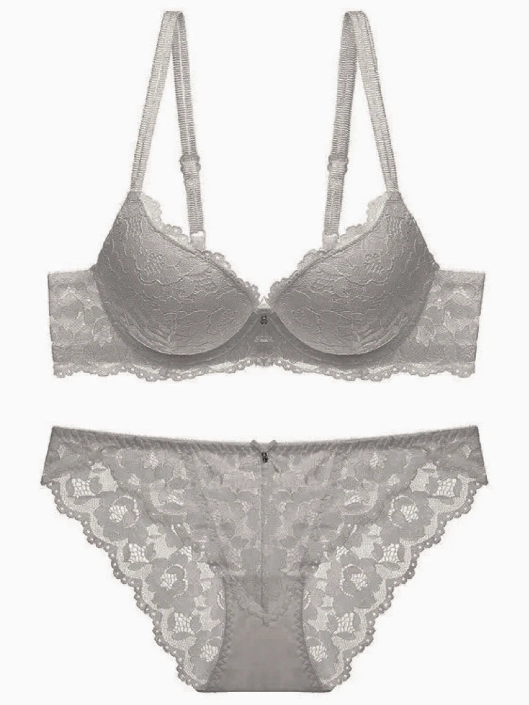 Sexy Spitzen-Blumen-Damenunterwäsche-Set mit Doppelträgern, Push-Up BH und Transparenten Sexy Slips