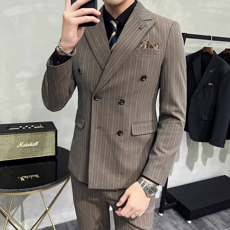 Slim Fit Zweireiher Gestreifter Anzug Weste Hose 3-teiliges Set Koreanische Mode M-7XL Herren Modischer gestreifter dreiteiliger Anzug