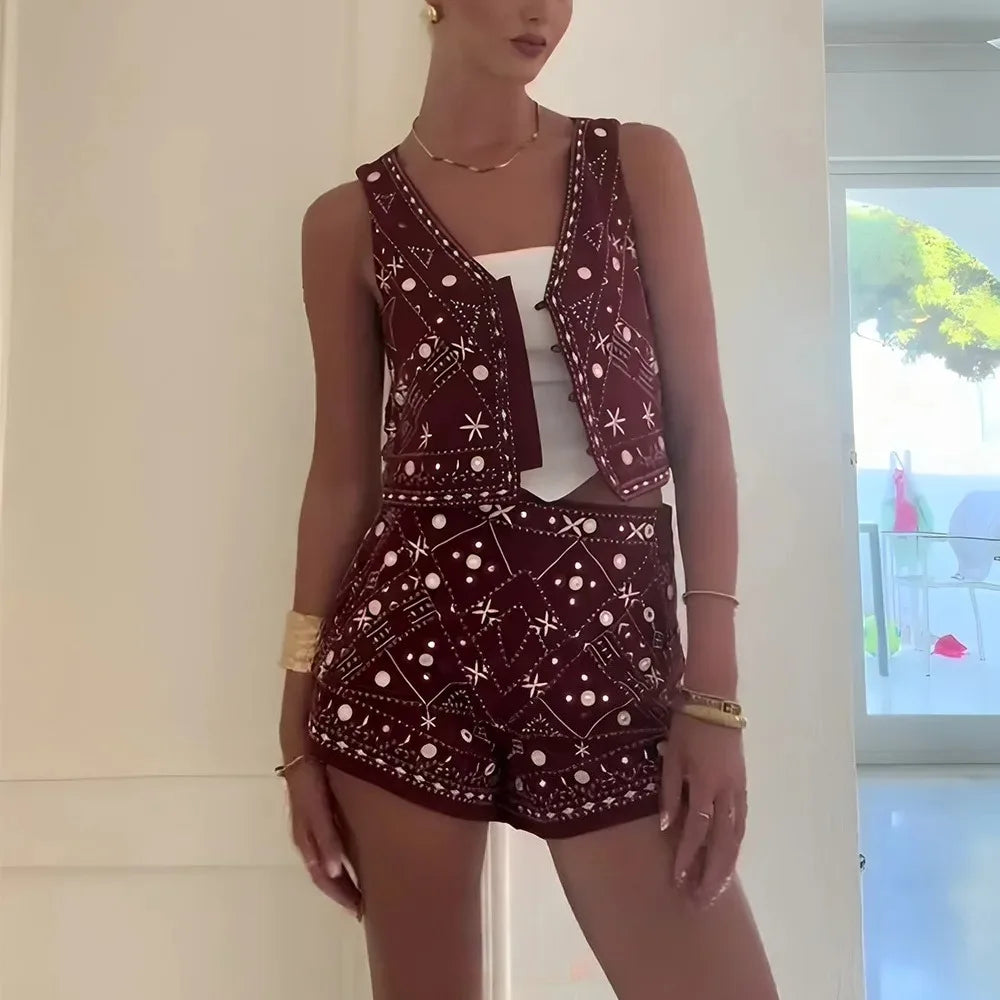 KONDALA Casual Chic Rot Stickerei Frauen Anzug V-ausschnitt Ärmellose Weste Breite Bein Shorts Mode 2025, Sommer Boho V-ausschnitt Frauen Sets
